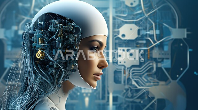 تحقيق الثورة الصناعية وشبكة البيانات الضخمة والتحول الرقمي، رؤية السعودية 2030، تصاميم بتقنيات عالية لروبوتات المستقبل، صورة مقربة لرأس روبوت حديث ومتطور يعمل بالخطط التقنية، التكنولوجيا الحديثة والمتطورة