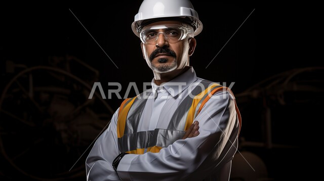 Working in the engineering sector, the concept of project management and auditing, a close-up portrait of a Saudi-Gulf Arab engineer wearing a helmet and protective jacket, following up on plans and achieving goals and strategies, black background