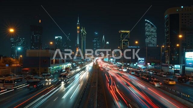 النمو والتقدم العمراني في المملكة العربية السعودية, حركة المرور في شوارع الرياض في الليل, الأبراج وناطحات السحاب والتطور في الهندسة المعمارية, أضواء المباني والسيارات في العاصمة