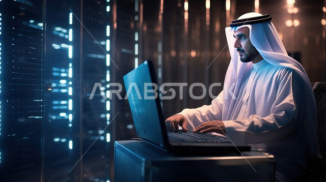 شبكة التخزين السحابي وإدارة غرفة التحكم بالسيرفرات، خوادم الإنترنت العملاقة، صورة مقربة لموظف سعودي خليجي عربي يرتدي الزي التقليدي والغترة يراقب الخادم عبر الكمبيوتر المحمول، تطوير مراكز البيانات