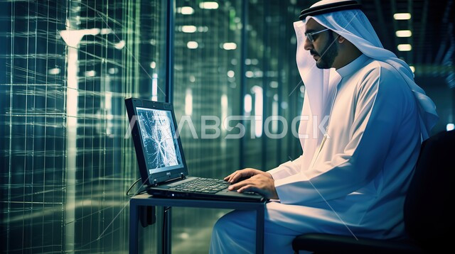 Cloud storage network and server control room management, giant Internet servers, a close-up photo of a Saudi Gulf Arab employee wearing traditional clothing and a ghutra watching the server via a laptop, data center development