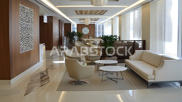 Modern and advanced designs, interior decoration of luxury hotels in the Kingdom of Saudi Arabia, reception room in elegant colors, advanced design of modern facilities and buildings, luxury furniture for tourist places, huge glass facades
