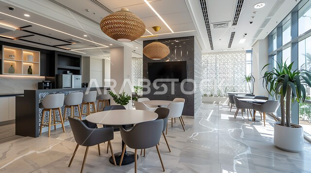 A café lounge with soothing décor and colours, upscale interior furniture for a modern-style restaurant in the Kingdom of Saudi Arabia, interior decorations and designs for cafés and restaurants