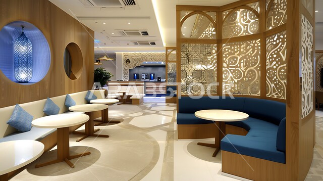 صالة مقهى بديكورات وألوان هادئة، أثاث داخلي راقي بألوان مميزة مطعم على الطراز الحديث في المملكة العربية السعودية, الديكورات والتصاميم الداخلية للكافيهات والمطاعم