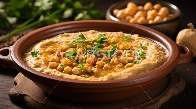 طبق من الحمص المطحون المزين بالبقدونس، أصناف المقبلات الشعبية، وجبات الإفطار الصحية الشهية في المطاعم الشرقية، وصفات الطعام السعودية، مأكولات عربية تقليدية