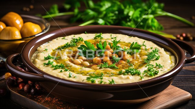 أصناف المقبلات الشعبية، وجبات الإفطار الصحية الشهية في المطاعم الشرقية، وصفات الطعام السعودية، طبق من الحمص المطحون المزين بالبقدونس، مأكولات عربية تقليدية