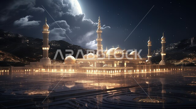 قبب ومآذن المساجد المضيئة ليلا، مفهوم العبادة والتقرب إلى الله، نداء المسلمين لأداء الصلاة، الاماكن والمعالم الدينية في المملكة العربية السعودية، فن الهندسة المعمارية على الطراز الإسلامي