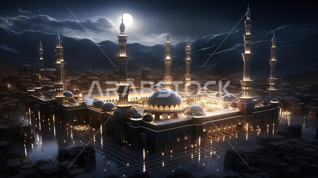 الاماكن والمعالم الدينية في المملكة العربية السعودية، نداء المسلمين لأداء الصلاة، قبب ومآذن المساجد المضيئة ليلا، مفهوم العبادة والتقرب إلى الله، فن الهندسة المعمارية على الطراز الإسلامي