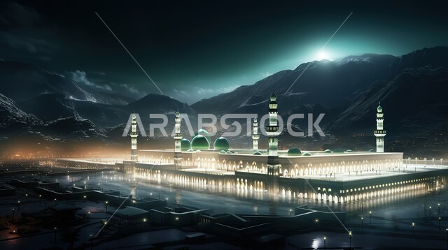 نداء المسلمين لأداء الصلاة، قبب ومآذن المساجد المضيئة ليلا، مفهوم العبادة والتقرب إلى الله، الاماكن والمعالم الدينية في المملكة العربية السعودية، فن الهندسة المعمارية على الطراز الإسلامي