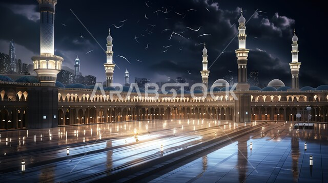 The concept of worship and drawing closer to God, the domes and minarets of mosques illuminated at night, the call of Muslims to prayer, religious places and landmarks in the Kingdom of Saudi Arabia, the art of Islamic architecture