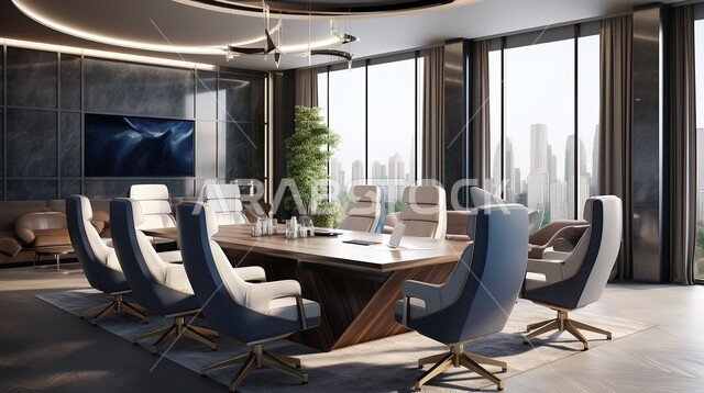 مكتب عمل مجهز بشاشة تلفزيون، غرفة اجتماعات واسعة مع طاولة محاطة بكراسي، غرف مكتبية بتصاميم وديكورات داخلية فخمة، التصميم العصري الحديث للمكاتب في الشركات السعودية، النوافذ والواجهات الزجاجية المطلة على الابراج