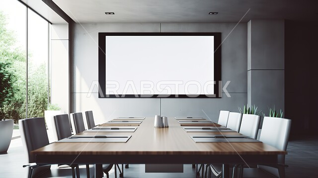 مكتب عمل مجهز بشاشة تلفزيون فارغة، التصميم العصري الحديث للمكاتب في الشركات السعودية، غرف مكتبية بتصاميم وديكورات داخلية فخمة، غرفة اجتماعات واسعة مع طاولة محاطة بكراسي، الاهتمام بنبات الزينة الاخضر، موك اب ابيض فارغ