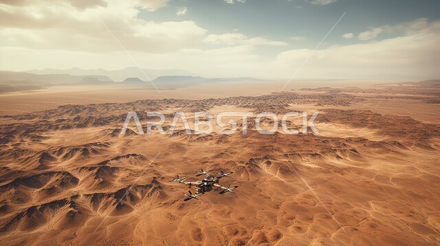 Mountainous nature in Saudi Arabia, rock formations and formations, sand dunes and hills in desert areas, aerial photo of a drone