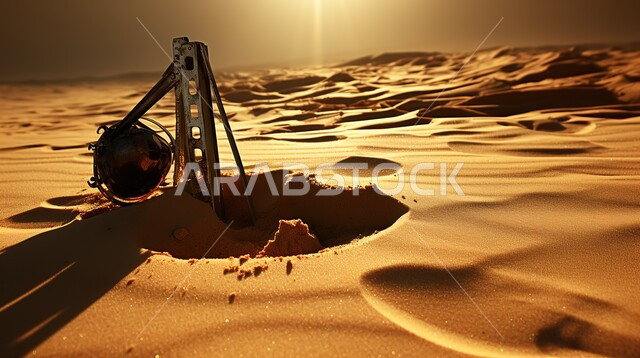 منظر غروب الشمس في الصحراء، ادوات ومعدات التنقيب عن النفط ، استخراج البترول من الاراضي الصحراويه في المملكة العربية السعودية، الرمال الذهبية الناعمة في صحاري شبه الجزيرة