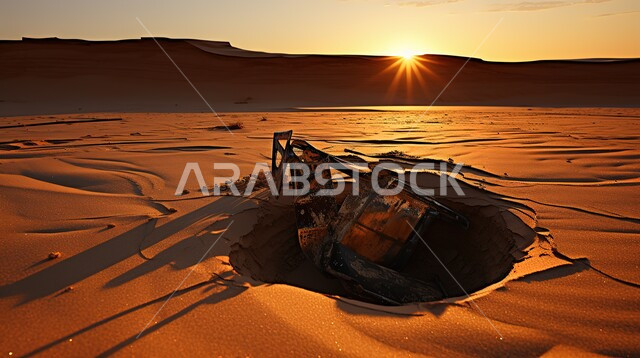 منظر غروب الشمس في الصحراء، ادوات ومعدات التنقيب عن النفط ، استخراج البترول من الاراضي الصحراويه في المملكة العربية السعودية، الرمال الذهبية الناعمة في صحاري شبه الجزيرة