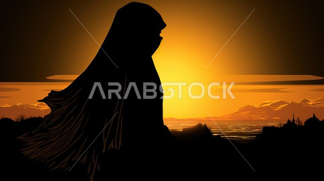 Leisure activities and excursions on soft golden sand, side silhouette of a Saudi Arabian Gulf woman in desert areas, hills and sand dunes in the desert, silhouette