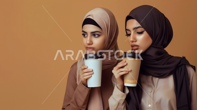 قضاء أوقات ممتعة برفقة الأصدقاء، بورتريه مقرب لصديقتين عربيتين خليجيتين سعوديتين ترتديان الحجاب تحملان أكواب القهوة، الاستمتاع بشرب المشروبات الساخنة، إيماءات الأنوثة والنعومة، الاهتمام بالاناقة والمظهر الخارجي، خلفية بيج