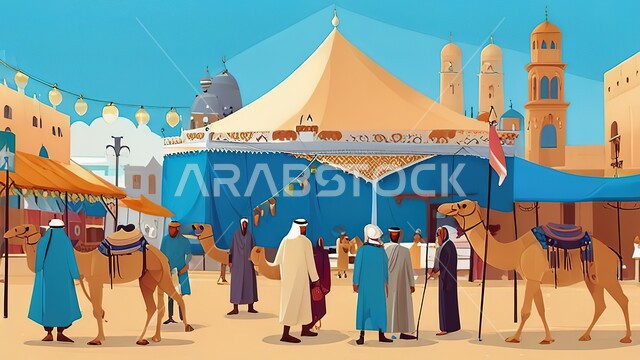 رسوم كرتونية ثلاثية الأبعاد لرجال عرب يمشون برفقة الجمال في النهار، سباق الهجن التقليدي، اماكن ومناطق سياحية ترفيهية مشهورة، أسواق بيع الجمال والإبل العربية