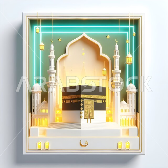مجسم ثلاثي الابعاد للكعبة المشرفة، قبلة الاسلام والمسلمين، مقاصد دينية مشرفة، اماكن ومعالم مقدسة في مكة المكرمة، خلفيات ورسومات اسلامية ثري دي، اسلاميات وعبادة