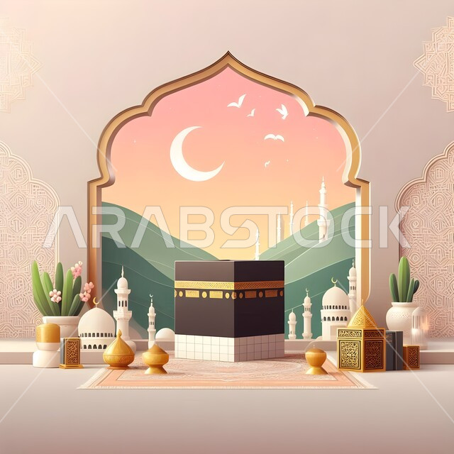Qibla of Islam and Muslims, 3D model of the Holy Kaaba, honorable religious destinations, holy places and landmarks in Mecca, 3D Islamic backgrounds and drawings, Islamic and worship