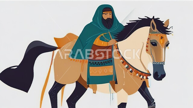 مفهوم تربية وتدريب الأحصنة، اتباع تقاليد الاجداد في رعاية الخيول بالمملكة العربية السعودية، رسم توضيحي لرجل عربي خليجي بدوي يمتطي حصان بني أصيل، شغف الفروسية وركوب الخيل، خلفية بيضاء