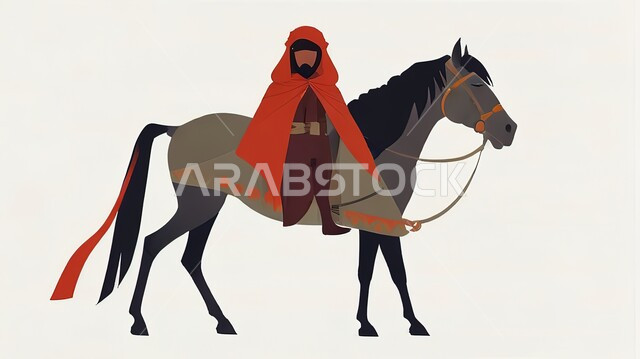 مفهوم تربية وتدريب الأحصنة، اتباع تقاليد الاجداد في رعاية الخيول بالمملكة العربية السعودية، رسم توضيحي لرجل عربي خليجي بدوي يمتطي حصان بني أصيل، شغف الفروسية وركوب الخيل، خلفية بيضاء