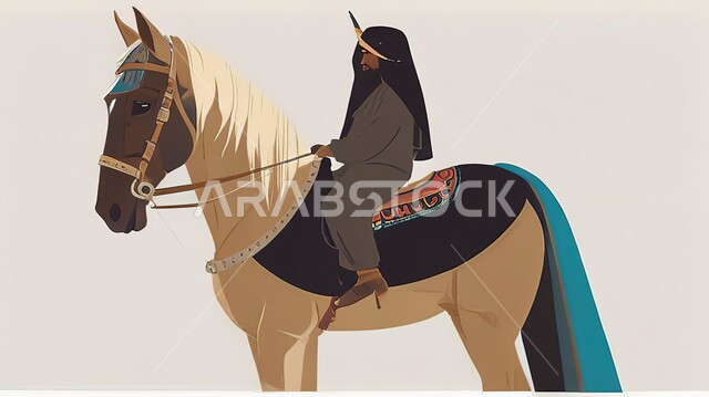 مفهوم تربية وتدريب الأحصنة، اتباع تقاليد الاجداد في رعاية الخيول بالمملكة العربية السعودية، رسم توضيحي لرجل عربي خليجي بدوي يمتطي حصان بني أصيل، شغف الفروسية وركوب الخيل، خلفية بيضاء