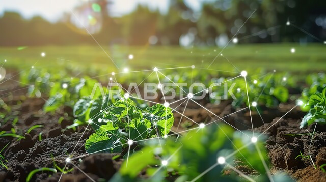 رموز هولوجرامية لنظم الزراعة الذكية، استخدام الوسائل والمعدات والتقنيات الحديثة لتحسين الانتاج الزراعي، مفهوم العناية والاهتمام بالنبات بالطرق الحديثة، النباتات الزراعية الخضراء المورقة في المحميات الطبيعية في مزارع المملكة العربية السعودية