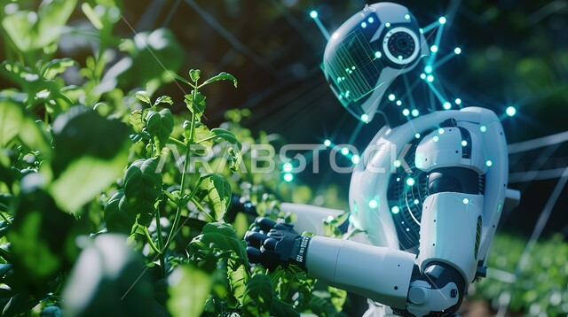 روبوت يقوم بالعناية والاهتمام بالنبات بالطرق الحديثة، النباتات الزراعية الخضراء المورقة في المحميات الطبيعية في مزارع المملكة العربية السعودية، مفهوم نظم الزراعة الذكية، استخدام الوسائل والمعدات والتقنيات الحديثة لتحسين الانتاج الزراعي