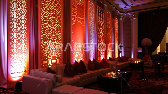 تصاميم عصرية حديثه ،كوش أفراح في قاعات المناسبات والاحتفالات , صالات الزواجات والأعراس السعيدة , نقوش وزخارف جدارية ذهبية ,الفن الهندسي المعماري , رسومات وخلفيات فنية