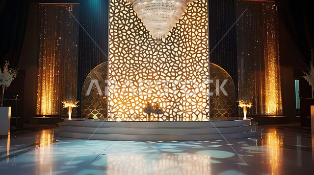 كوش أفراح في قاعات المناسبات والاحتفالات , صالات الزواجات والأعراس السعيدة , نقوش وزخارف جدارية ذهبية ,تصاميم عصرية حديثه ،الفن الهندسي المعماري , رسومات وخلفيات فنية 