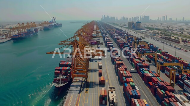 التجارة والصناعة والاقتصاد البحري, تعبئة وشحن الحاويات والبضائع التجارية وكوتينزات التخزين، ميناء ومرفأ تجاري لتوصيل السلع والمنتجات المحلية عبر السفن في البحار، نقل البضائع عن طريق البحر في المملكة العربية السعودية