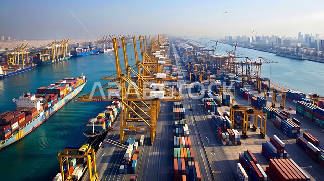 التجارة والصناعة والاقتصاد البحري, تعبئة وشحن الحاويات والبضائع التجارية وكوتينزات التخزين، ميناء ومرفأ تجاري لتوصيل السلع والمنتجات المحلية عبر السفن في البحار، نقل البضائع عن طريق البحر في المملكة العربية السعودية