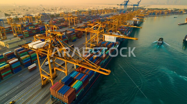 الصناعة و التجارة والاقتصاد البحري, تعبئة وشحن الحاويات والبضائع التجارية وكوتينزات التخزين، ميناء ومرفأ تجاري لتوصيل السلع والمنتجات المحلية عبر السفن في البحار وقت غروب الشمس، نقل البضائع عن طريق البحر في المملكة العربية السعودية