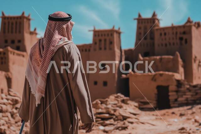 يوم بدينا 1727م، المباني الطينية الاثرية القديمة في الدرعية، رجل عربي خليجي سعودي يرتدي الزي التراثي للمناسبات الوطنية والاحتفالية يستخدم العكاز في المشي، الجدران الطينية القديمة، ذكرى تأسيس الدولة السعودية الاولى 22 فبراير