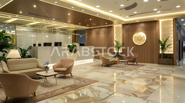 تجهيزات حديثة وأثاث أنيق ومريح، صالة الانتظار في إحدى الشركات, تصاميم عصرية لمكاتب السعودية، واجهات زجاجية ضخمة في مكاتب العمل، تصاميم داخلية وديكورات راقية على الطراز الحديث