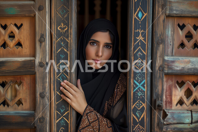 مفهوم الأنوثة والنعومة، الاهتمام بالمظهر الخارجي، صورة مقربة لفتاة عربية خليجية سعودية مبتسمة ترتدي الحجاب والعباءة السوداء العصرية تقف امام باب قديم تراثي مزخرف، النظر الى الكاميرا  بتعابير وايماءات الجدية والثقة بالنفس
