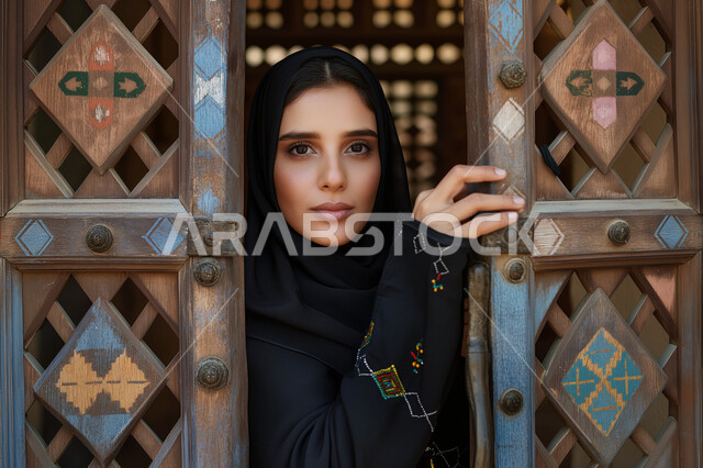 مفهوم الأنوثة والنعومة، الاهتمام بالمظهر الخارجي، صورة مقربة لفتاة عربية خليجية سعودية مبتسمة ترتدي الحجاب والعباءة السوداء العصرية تقف امام باب قديم تراثي مزخرف، النظر الى الكاميرا  بتعابير وايماءات الجدية والثقة بالنفس