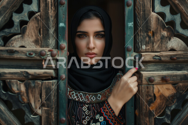 مفهوم الأنوثة والنعومة، الاهتمام بالمظهر الخارجي، صورة مقربة لفتاة عربية خليجية سعودية مبتسمة ترتدي الحجاب والعباءة السوداء العصرية تقف امام باب قديم تراثي مزخرف، النظر الى الكاميرا  بتعابير وايماءات الجدية والثقة بالنفس