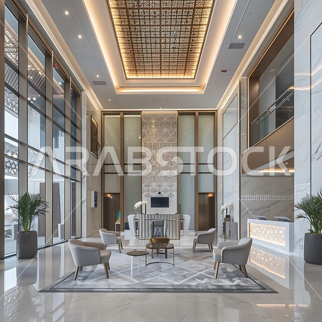 تصاميم داخلية وديكورات راقية على الطراز الحديث, صالة الانتظار في إحدى الشركات, تصاميم عصرية لمكاتب السعودية، واجهات زجاجية ضخمة في مكاتب العمل، تجهيزات حديثة وأثاث أنيق ومريح