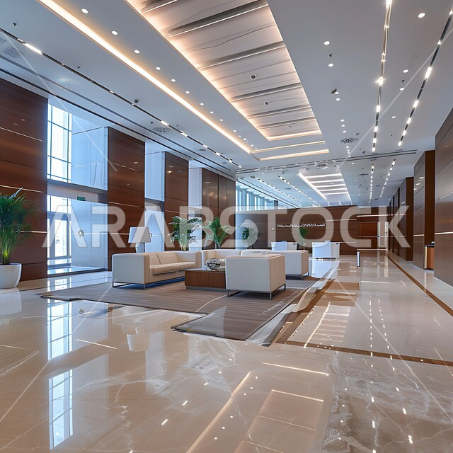 Elegant interior designs and decorations in a modern style, a waiting hall in a company, modern designs for Saudi offices, huge glass facades in work offices, modern equipment and elegant and comfortable furniture.