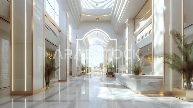 Hotel lobby with modern modern designs, interior designs and decorations for luxury hotels and resorts, elegant design for the hotel lobby and reception entrance, offices and commercial companies in the Kingdom of Saudi Arabia