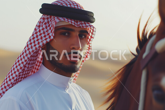  التجول على ظهر الفرس الأصيل فوق الكثبان الرملية، ذكرى يوم بدينا 1727 م، تأسيس الدولة السعودية الأولى 22 فبراير, صورة مقربة لفارس عربي خليجي سعودي يرتدي الشماغ يمارس هواية ركوب الخيل في إحدى صحاري المملكة وقت غروب الشمس، توارث حب تربية الخيول بين أبناء الوطن