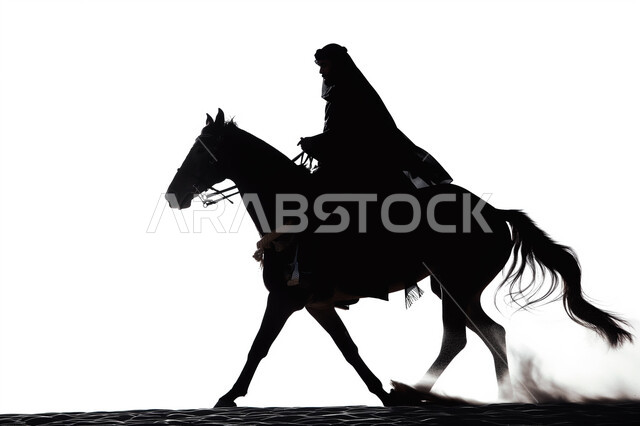 تأسيس الدولة السعودية الأولى 22 فبراير, صورة ظلية لفارس عربي خليجي سعودي يمارس هواية ركوب الخيل في إحدى صحاري المملكة وقت غروب الشمس, توارث حب تربية الخيول بين أبناء الوطن، التجول على ظهر الفرس الأصيل فوق الكثبان الرملية، ذكرى يوم بدينا 1727 م، سالوييت