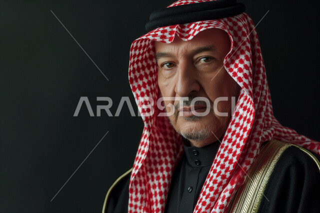ارتداء الشماغ والبشت التقليدي، مفهوم الأناقة والاهتمام بالمظهر الخارجي، الاحترام والتقدير لكبار السن، بورتريه مقرب لرجل عربي سعودي خليجي من كبار الشخصيات يجلس في إحدى التجمعات بإيماءات الجدية والحزم، خلفية سوداء
