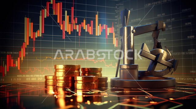 إنجاز وتحقيق أهداف الشركة، مجسم ثلاثي الابعاد لمضخة الزيت أمام مخطط الأسهم، تداول العملة الرقمية، ارتفاع وانخفاض الأسهم في سوق البورصه، دمج التكنولوجيا المتطورة مع العمل، الرسوم البيانيه الهولوجراميه على الشاشات الالكترونيه المضيئه