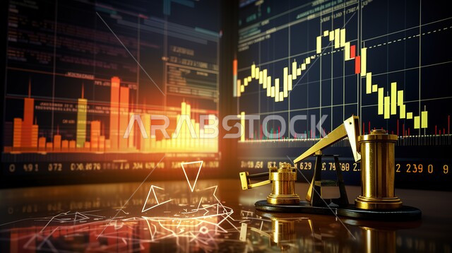 مجسم ثلاثي الابعاد لمضخة الزيت أمام مخطط الأسهم، تداول العملة الرقمية، ارتفاع وانخفاض الأسهم في سوق البورصه، دمج التكنولوجيا المتطورة مع العمل، إنجاز وتحقيق أهداف الشركة، الرسوم البيانيه الهولوجراميه على الشاشات الالكترونيه المضيئه