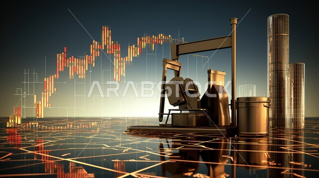 تداول العملة الرقمية، ارتفاع وانخفاض الأسهم في سوق البورصه، مجسم ثلاثي الابعاد لمضخة الزيت أمام مخطط الأسهم، دمج التكنولوجيا المتطورة مع العمل، إنجاز وتحقيق أهداف الشركة، الرسوم البيانيه الهولوجراميه على الشاشات الالكترونيه المضيئه