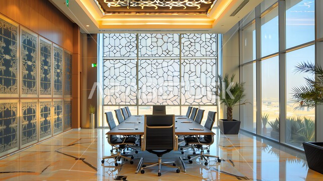 قاعة اجتماعات واسعة مع طاولة محاطة بكراسي، التصميم العصري الحديث للمكاتب في الشركات السعودية، غرف مكتبية بتصاميم وديكورات داخلية بزخارف فاخرة
