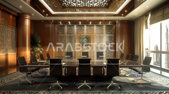  غرف مكتبية بتصاميم وديكورات داخلية بزخارف فاخرة، قاعة اجتماعات واسعة مع طاولة محاطة بكراسي، التصميم العصري الحديث للمكاتب في الشركات السعودية